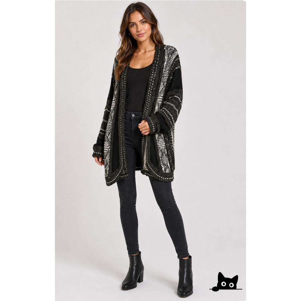 LA Hearts Black Gray and Cream Striped Knit Long Line Open Cardigan Sweater OS - Picture 5 of 14